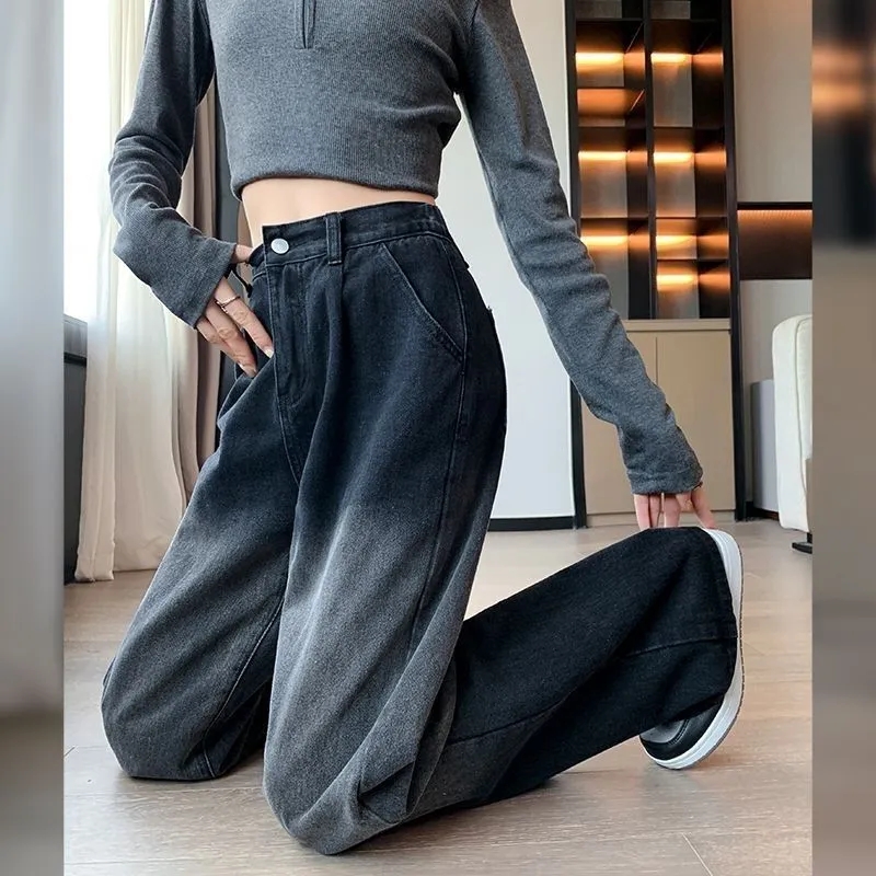 Autumn and winter gradient jeans for women, high-waisted, straight-legged, slim, high-street style, student wide-leg trousers, ins trendy new style