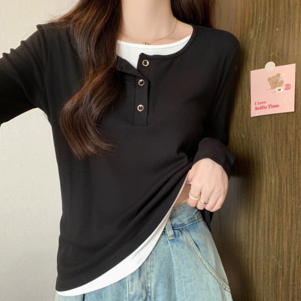 RM23820#新款小排扣纯色宽松显瘦长袖圆领黑白假两件T恤女