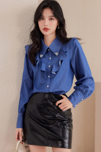 TR51779# 蓝色衬衫女设计感小众新款职业装小个子长袖衬衣 服装批发女装批发服饰货源