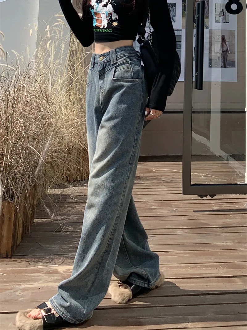 High Street Retro Washed Straight Jeans Women's Autumn and Winter American High Waist Loose Floor-Mopping Pants Wide Leg Pants Trousers