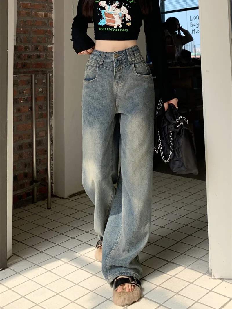 High Street Retro Washed Straight Jeans Women's Autumn and Winter American High Waist Loose Floor-Mopping Pants Wide Leg Pants Trousers