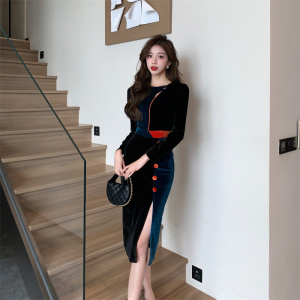 RM23089#名媛气质时尚金丝绒秋装新款开叉撞色洋气收腰连衣裙