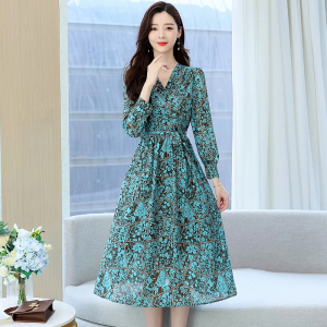 RM22605#碎花长袖连衣裙女春秋新款法式裹身长款桔梗裙收腰雪纺长裙