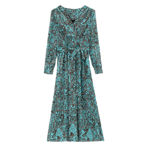 RM22605#碎花长袖连衣裙女春秋新款法式裹身长款桔梗裙收腰雪纺长裙