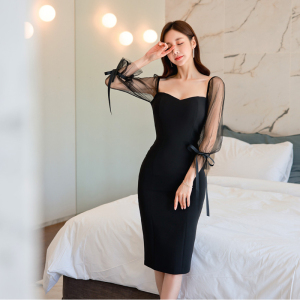 RM22204#新款韩版时尚气质修身显瘦性感网纱拼接系带连衣裙