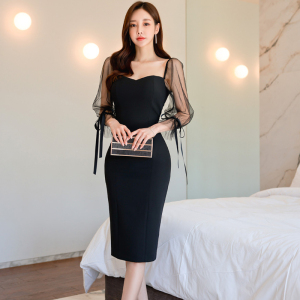 RM22204#新款韩版时尚气质修身显瘦性感网纱拼接系带连衣裙