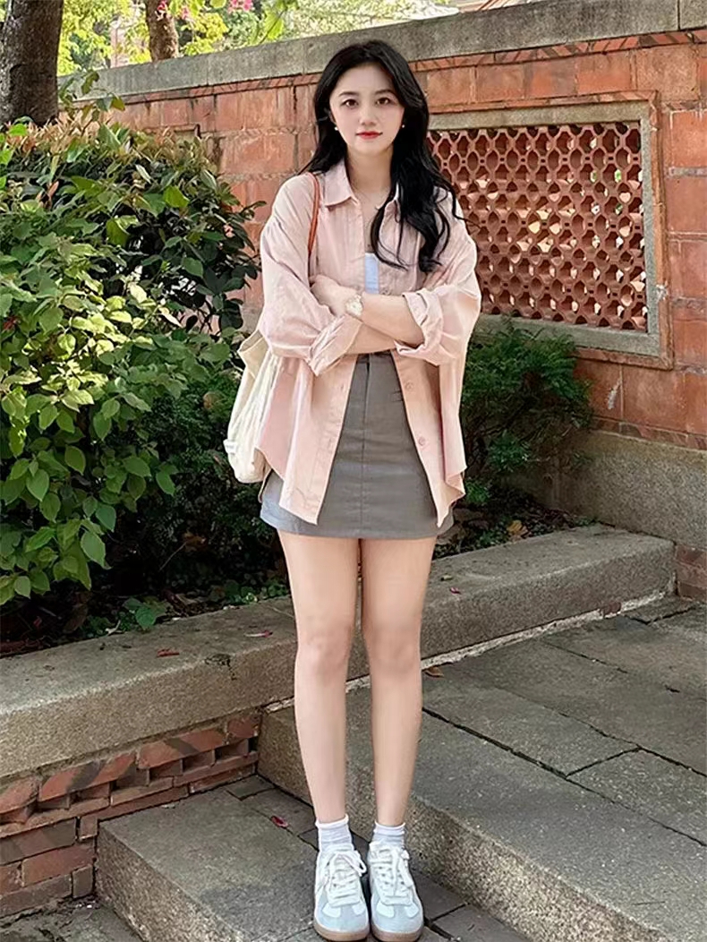 2024春装韩国chic纯棉粉色长袖时尚职业衬衫上衣女设计感别致衬衣