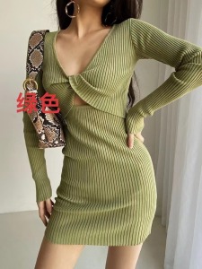 RM24845#欧美ins小众迷你露背镂空超辣针织正反两穿立裁设计感长袖连衣裙