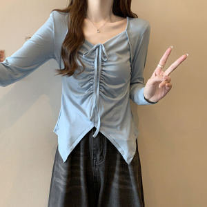 RM24809#辣妹V领性感显瘦长袖开叉针织上衣女抽绳设计感长袖