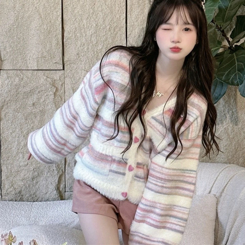 Gentle wind V-neck rainbow striped sweater coat women's spring and autumn soft waxy loose lazy short knitted cardigan top
