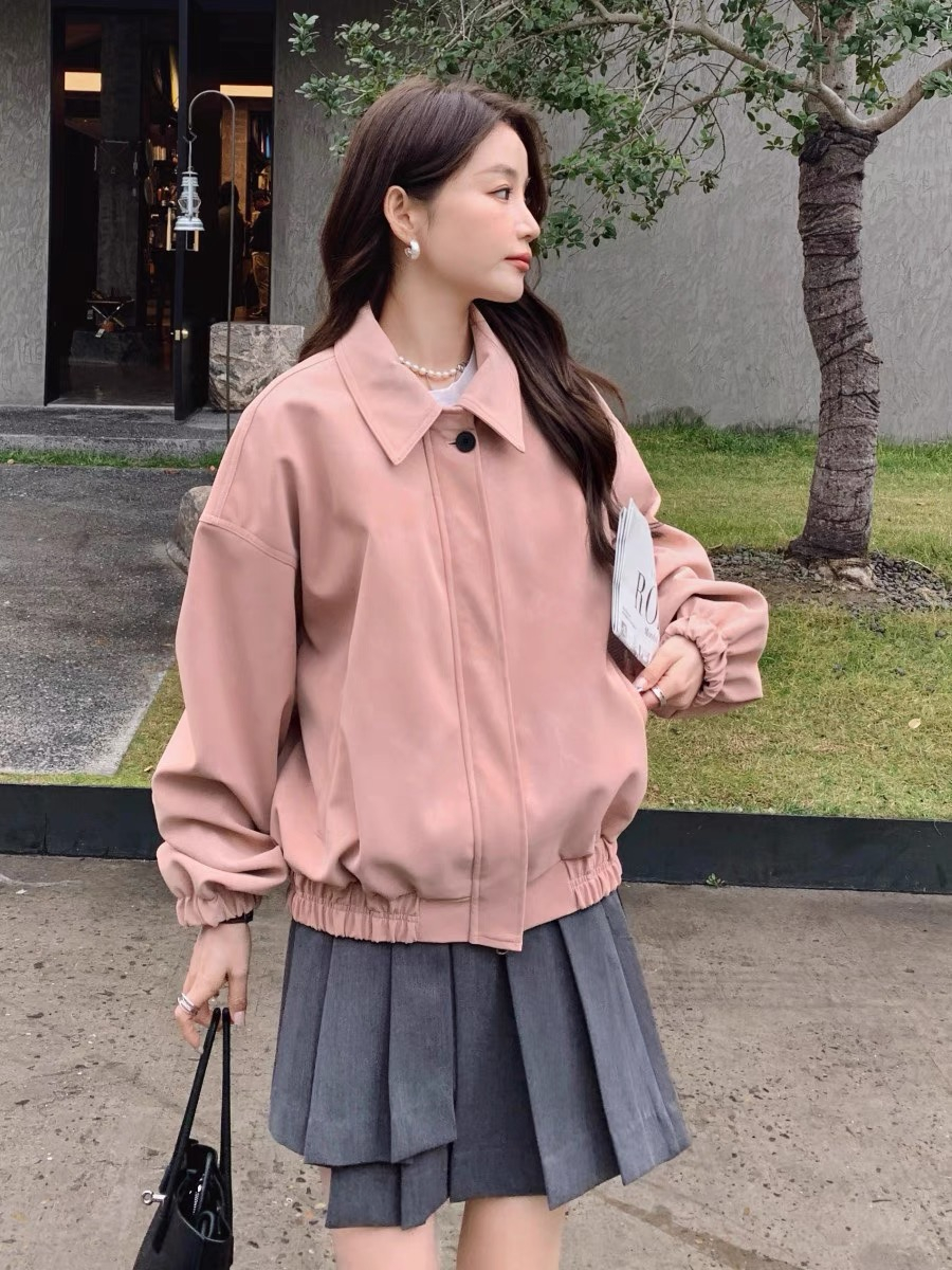 Leather pink baseball uniform jacket for women spring 2023 new Korean style sweet loose casual college style jacket top
