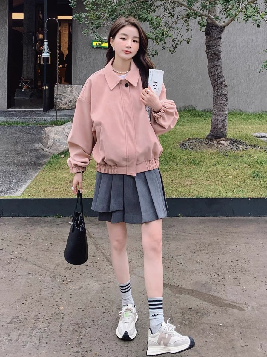 Leather pink baseball uniform jacket for women spring 2023 new Korean style sweet loose casual college style jacket top