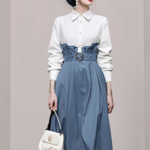 RM22422#新款气质蓝白撞色灯笼袖收腰显瘦衬衫连衣裙长裙裙子