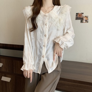 RM22417#法式奶系蕾丝韩版超仙法式蕾丝拼接娃娃领温柔甜美长袖衬衫