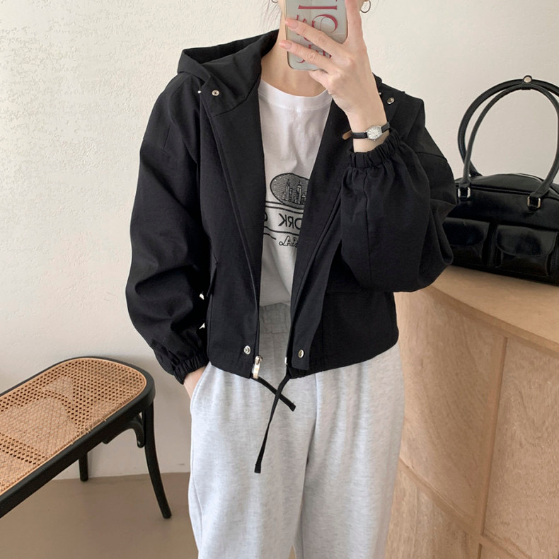 Korean chic autumn retro all-match hooded zipper loose casual all-match solid color long-sleeved short coat for women