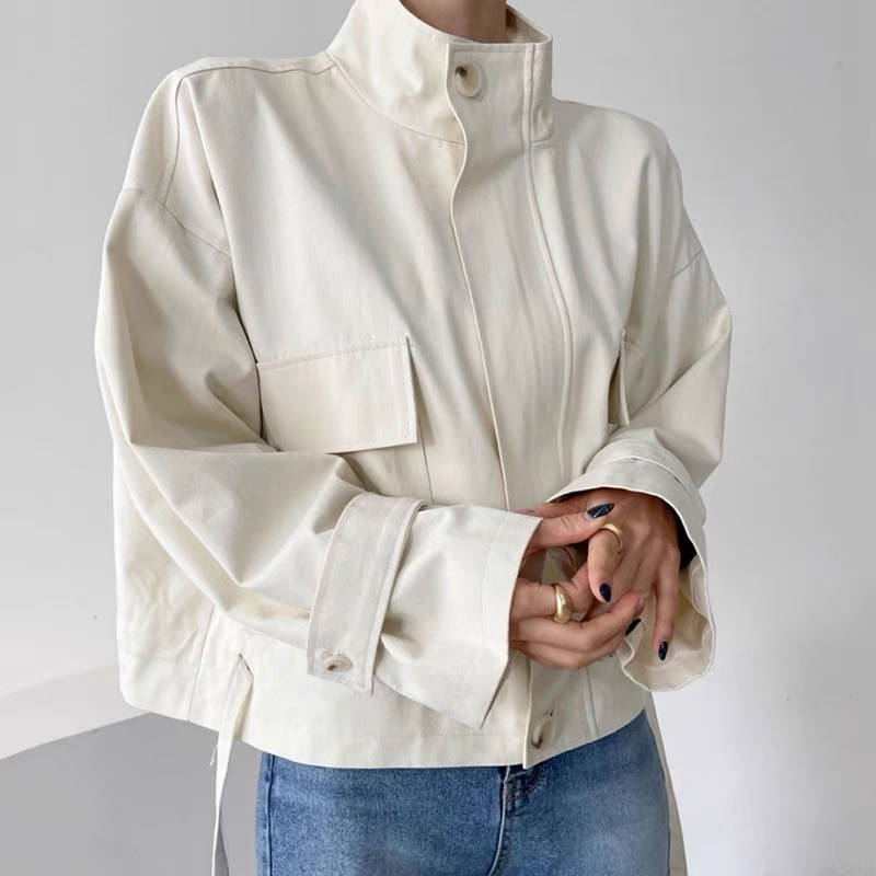 Korean chic autumn handsome retro stand-up collar zipper loose large pocket design long-sleeved work jacket short coat