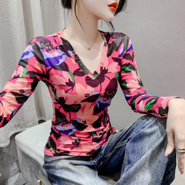 RM23856#时尚纱网印花长袖V领T恤修身显瘦打底衫上衣潮