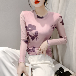RM23855#时尚纱网印花长袖圆领T恤修身显瘦打底衫上衣潮