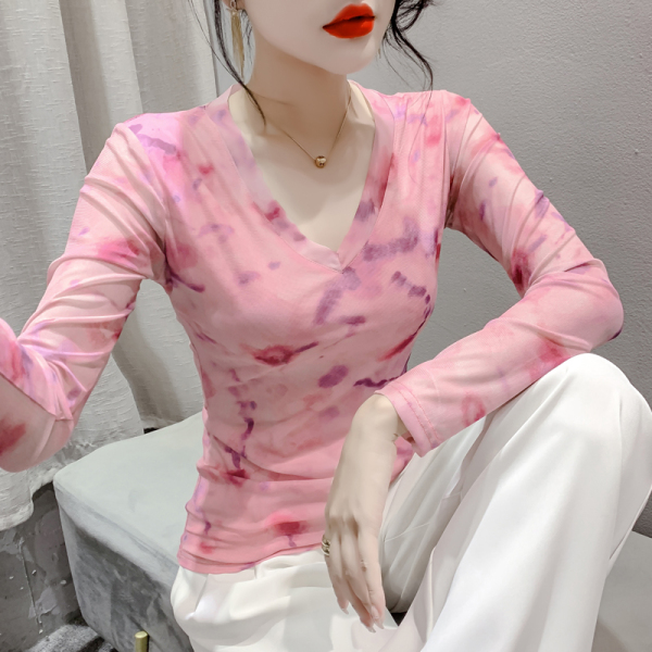RM23854#时尚纱网印花长袖V领T恤修身显瘦打底衫上衣潮
