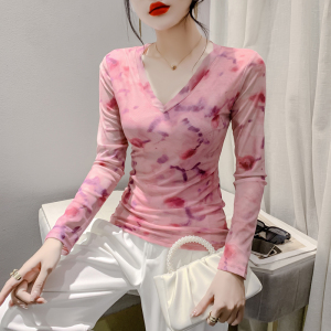 RM23854#时尚纱网印花长袖V领T恤修身显瘦打底衫上衣潮