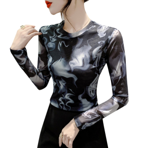 RM23852#时尚纱网印花长袖圆领T恤修身显瘦打底衫上衣潮
