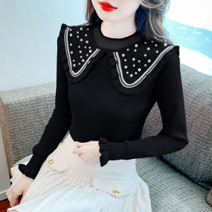 RM24270#新款韩系钉珠娃娃领撞色针织衫毛衣减龄百搭打底衫上衣