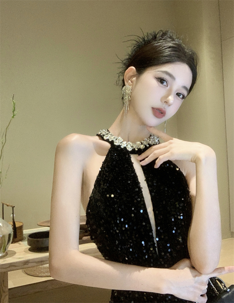 實拍實價  絲絨亮片手工釘珠無袖禮服修身連衣裙短款有胸墊