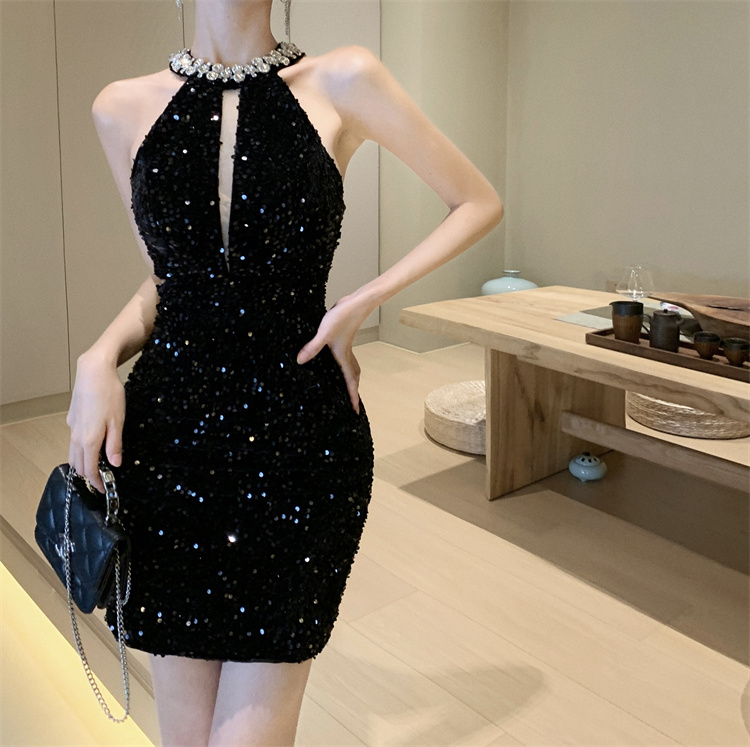 實拍實價  絲絨亮片手工釘珠無袖禮服修身連衣裙短款有胸墊