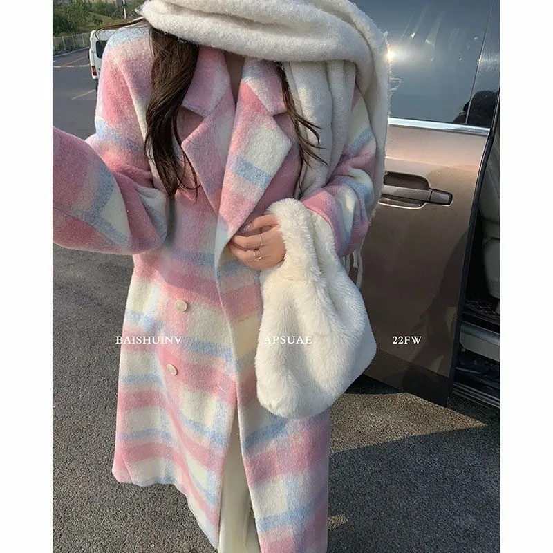 Korean college style high-end plaid woolen coat for women 2023 autumn and winter new mid-length gentle coat