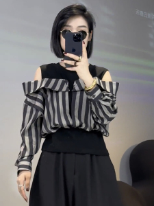 TR59071# 欧洲站欧货新款条纹拼接露肩气质假两件衬衫女高级感显瘦上衣 服装批发女装批发服饰货源