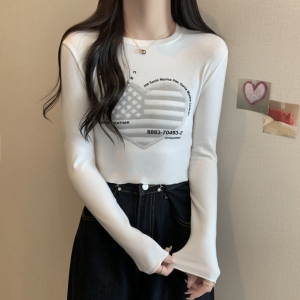 RM22419#磨毛印花短款设计感打底衫女长袖T恤秋装