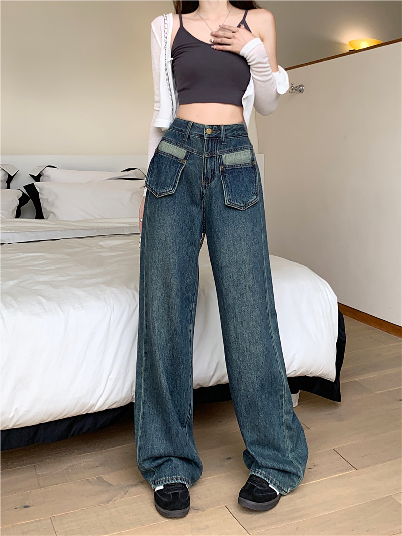 ~New style of versatile pocket-out design, high waist, slimming, loose and drapey floor-length denim trousers
