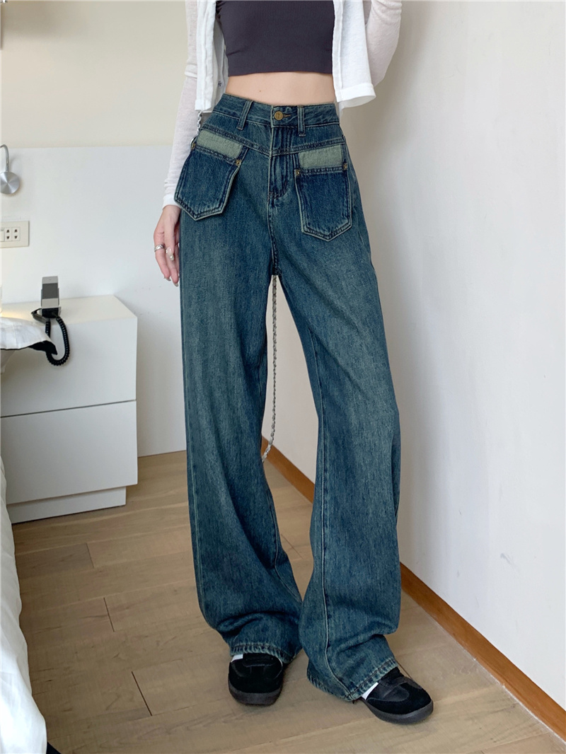 ~New style of versatile pocket-out design, high waist, slimming, loose and drapey floor-length denim trousers