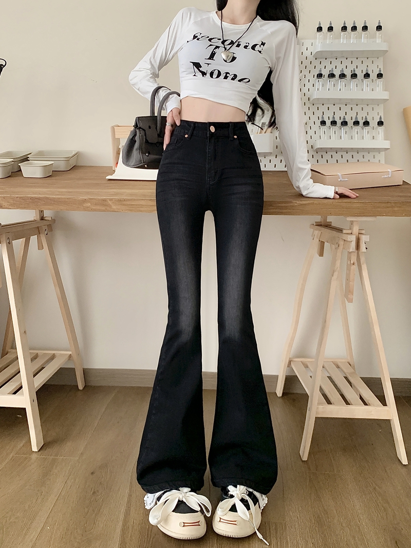 New stretchy bootcut denim trousers for women with design floor-length horseshoe wide-leg trousers