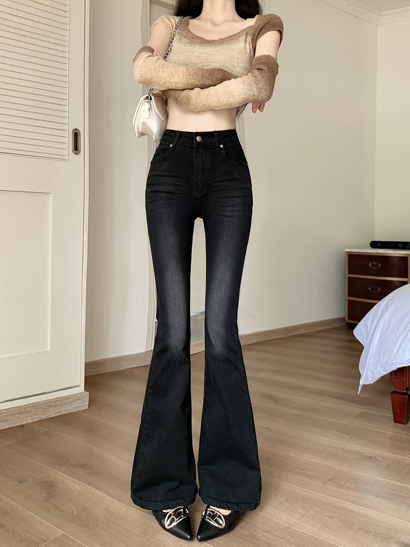 New stretchy bootcut denim trousers for women with design floor-length horseshoe wide-leg trousers