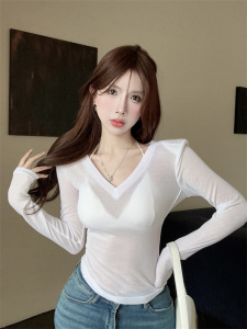 RM22538#韩版时尚简约纯色长袖V领套头T恤上衣
