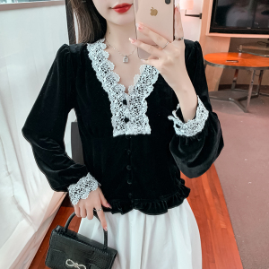 RM23933#复古浪漫v领金丝绒设计感上衣女