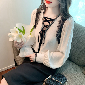 RM23797#法式蕾丝拼接绑带V领长袖衬衫女2023秋季新款时尚小众设计感上衣