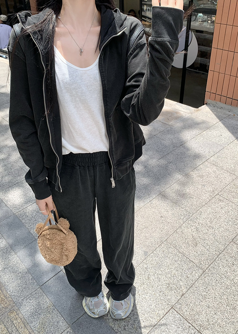 Real shot of hooded sweatshirt jacket + high-waisted slimming wide-leg pants casual two-piece suit
