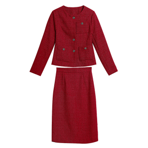 TR55238# 红色小香风套装秋冬新款时尚气质显瘦高级套装裙 服装批发女装批发服饰货源