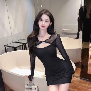 High elasticity tight fitting buttocks mesh stitching fake two piece long sleeved dress