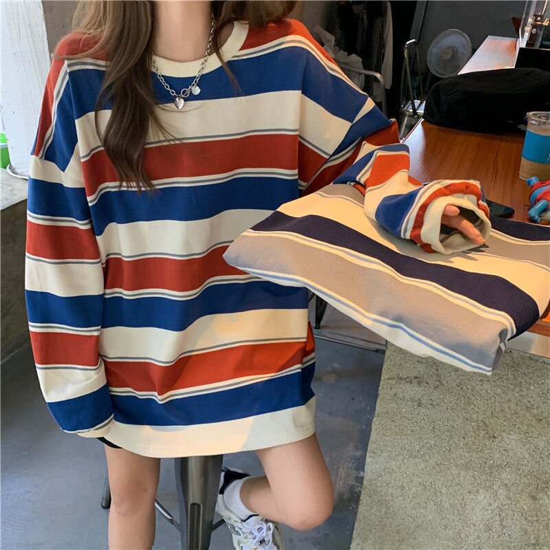 Super hot cec round neck sweatshirt for women Korean version 2023 new autumn loose striped thin top women's ins trend