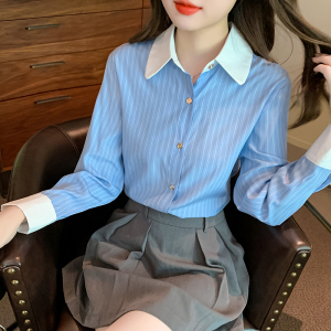 RM22558#新款韩版高领条纹衬衫POLO领减龄长袖小衫打底上衣