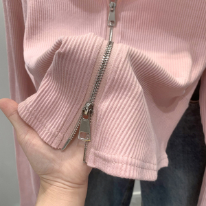 RM22565#粉色螺纹短款外套女秋季2023新款双拉链开衫长袖连帽上衣