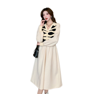 Fake Two Piece Knitted Dress Women's Autumn Style V-Neck Mid length Dress Cover Up and Show Thin A-line Skirt