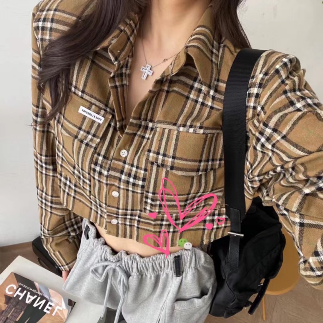 韩国东大门2023秋季女新翻领系扣格子修身短款长袖衬衫