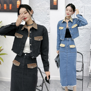Two piece set of women's autumn Hong Kong style retro denim shirts， jackets， spicy girls， buttocks， short skirts