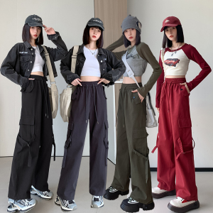 RM22904#美式口袋工装裤女2023秋冬新款复古高腰宽松直筒休闲裤两穿束脚裤