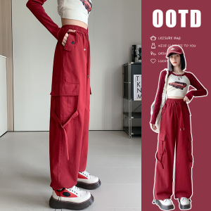 RM22904#美式口袋工装裤女2023秋冬新款复古高腰宽松直筒休闲裤两穿束脚裤