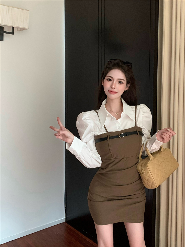 Real shot!  New Autumn and Winter Korean Style Shirt Suspender Slim Fit Hip Dress Two-piece Set